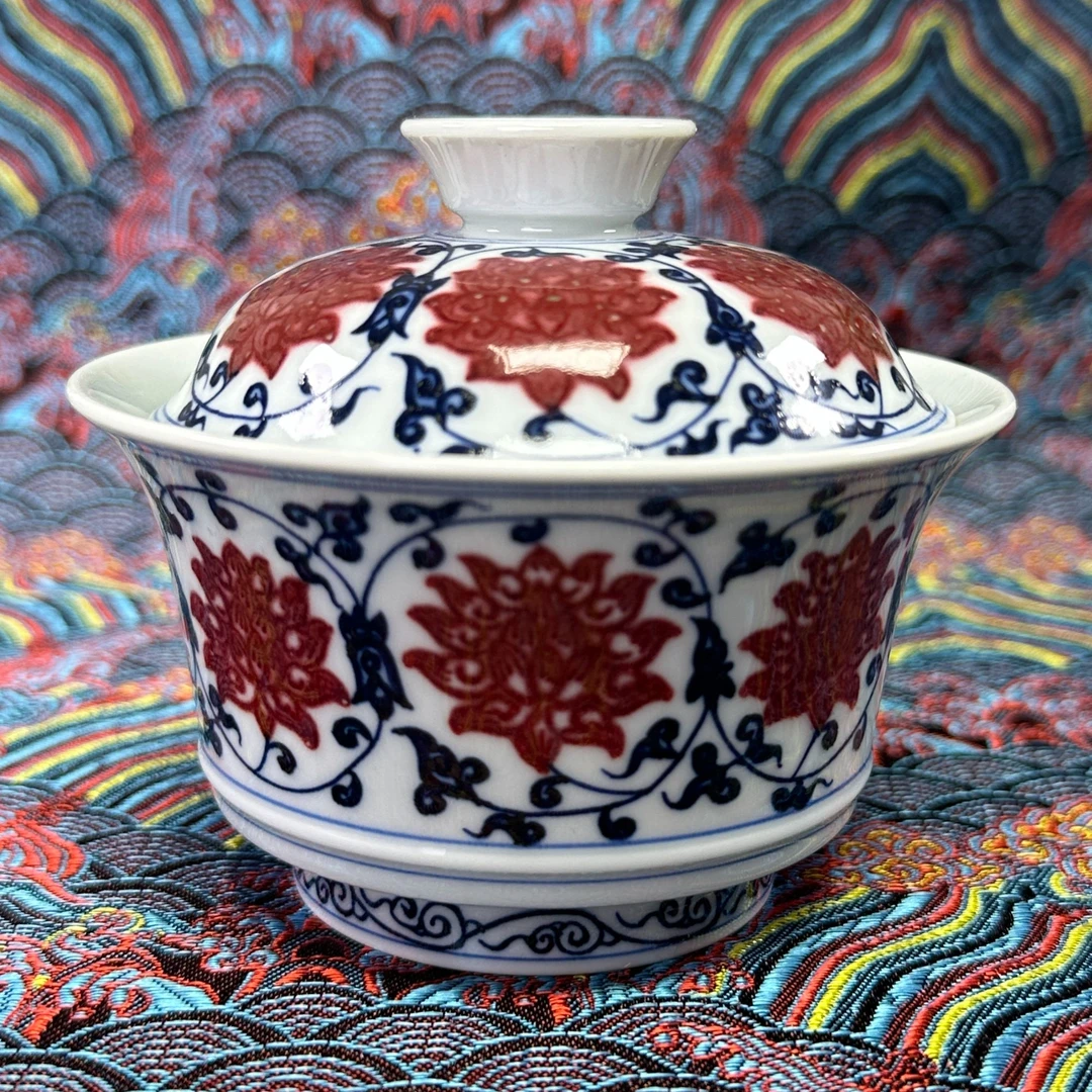 柯火钧天原矿釉里红缠枝莲马蹄两才盖碗纯手工手绘景德镇