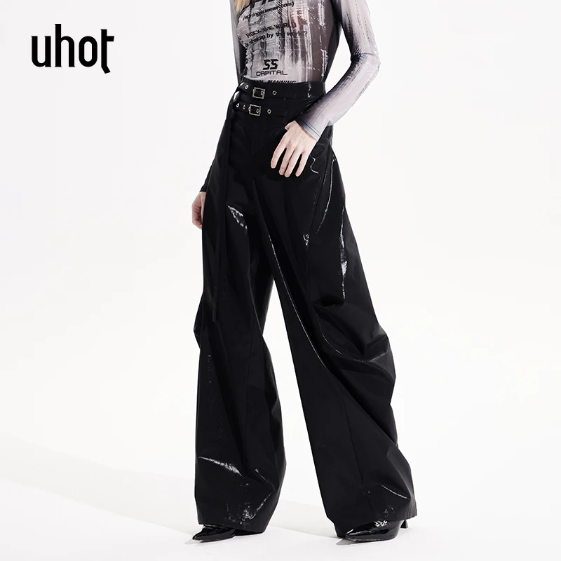 uhot 黑色双扣袢飘带设计立体褶皱显瘦奢华光泽感长裤女UWWS1K219