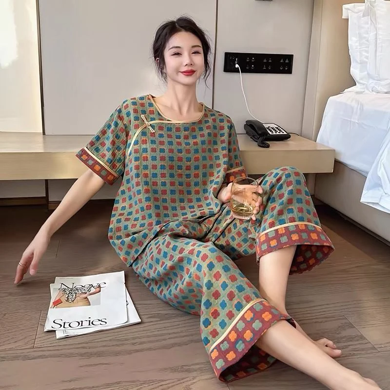 夏季大码睡衣女妈妈新中式2026新款200斤胖mm棉纱纯棉家居服春夏