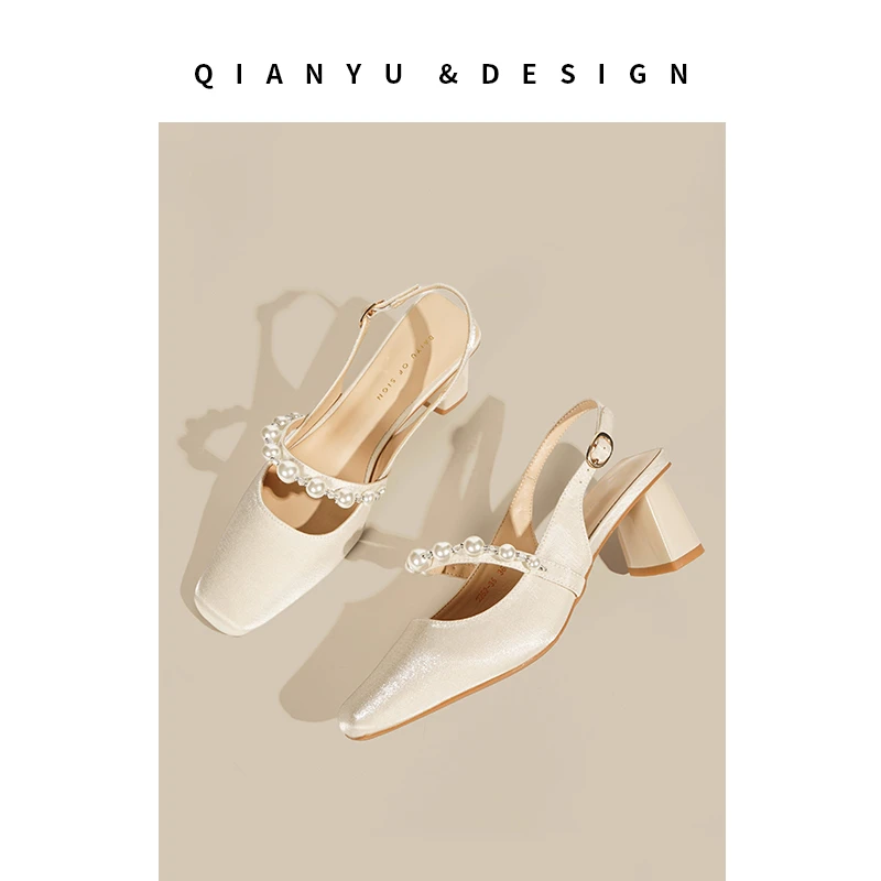 夏季胶粘包头法式套筒方根高跟鞋网红百搭细跟气质时尚黑色玛丽珍