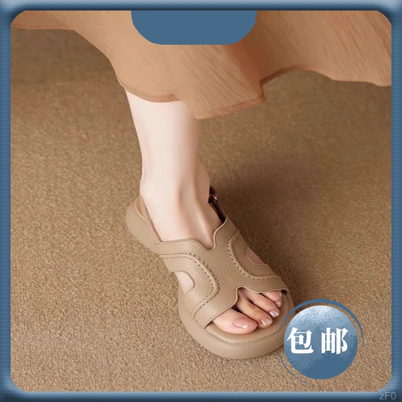 2025夏季新品厚底露趾休闲凉鞋羊皮魔术贴中跟时装鞋简约休闲女鞋