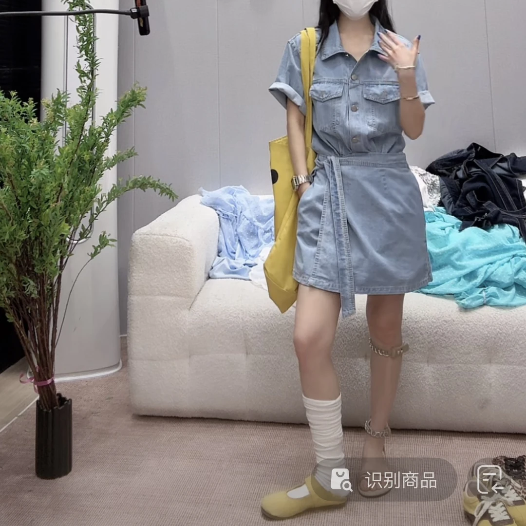 海岛之约～新款时尚复古设计感翻领收腰气质短袖牛仔A字连衣裙