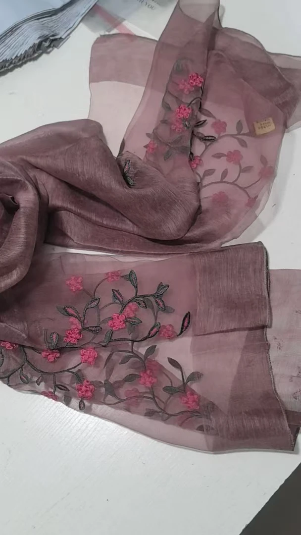 C352 深紫色扎染 桑蚕丝羊毛刺绣丝巾围巾披肩75*190CM