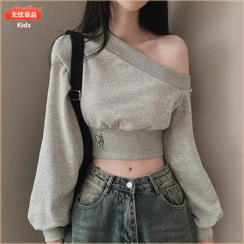 辣妹一字短款露肩卫衣女欲风设计设计感宽松长袖上衣春秋薄款潮