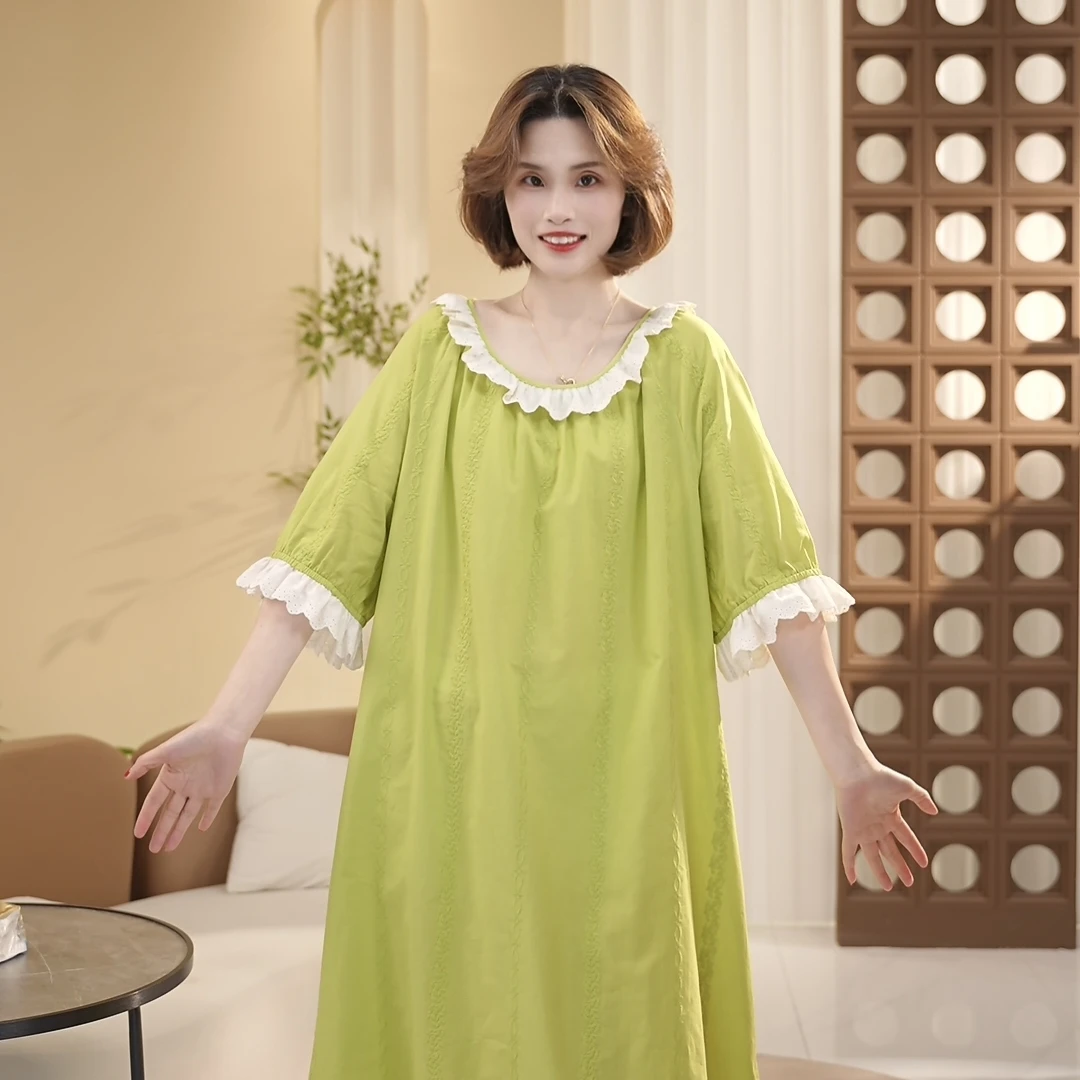 芙蓉世家【锦绣绿～睡裙】新品高端提花全棉100舒适家居服可外穿