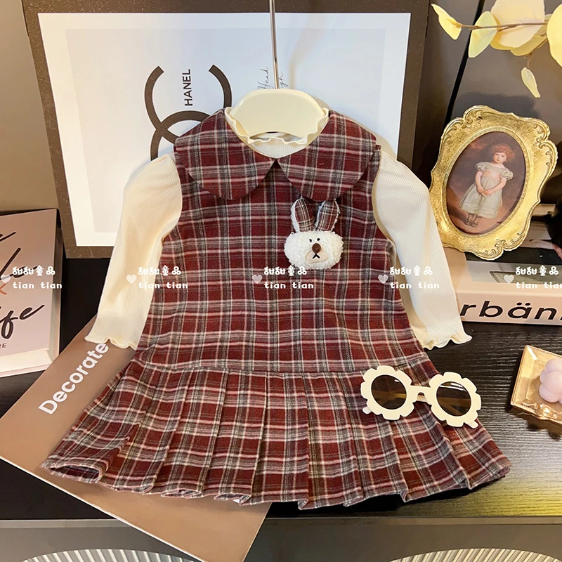 女童原创新品秋冬格子娃娃领小兔子背心裙套装上衣女宝宝可爱裙子