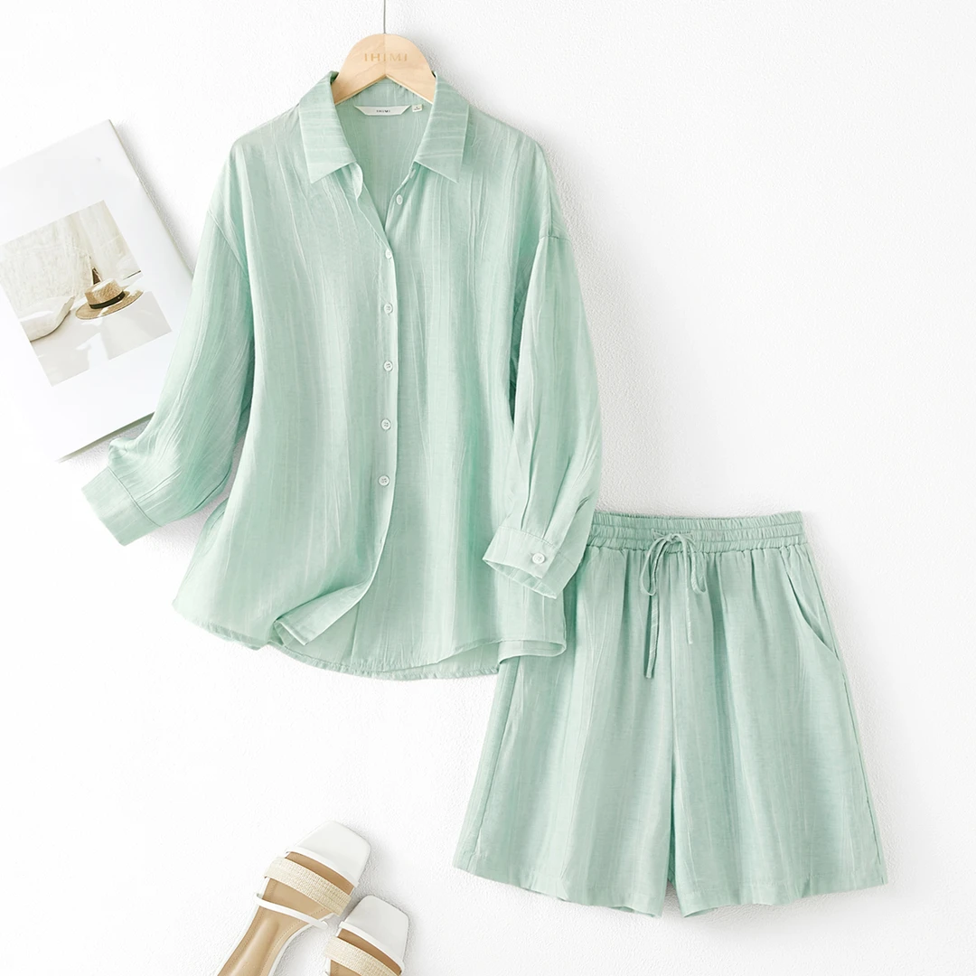 IHIMI/海谧2025夏款简约肌理感轻薄衬衫松紧腰短裤两件套装5A028