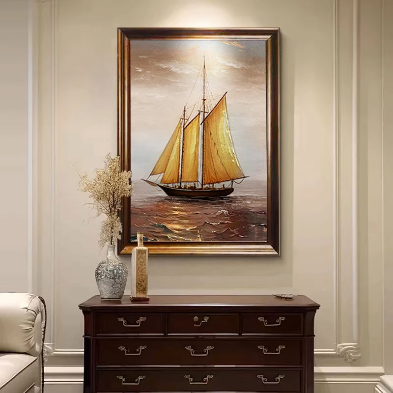 《一帆风顺》原创手工油画中古风装饰画入户玄关沙发背景玄关柜挂画