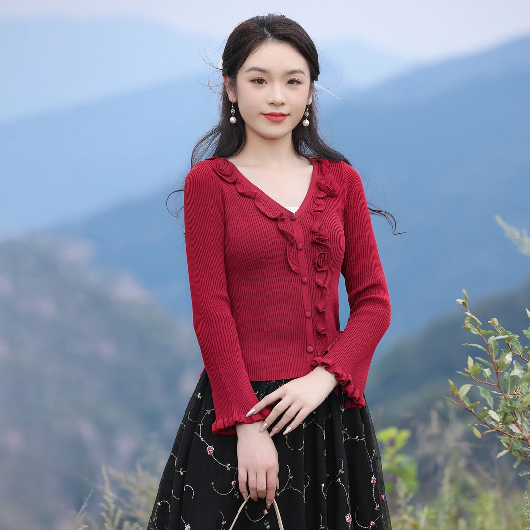 烟花烫修身气质红色针织开衫女洋气显瘦短款长袖毛衣外套 卿念