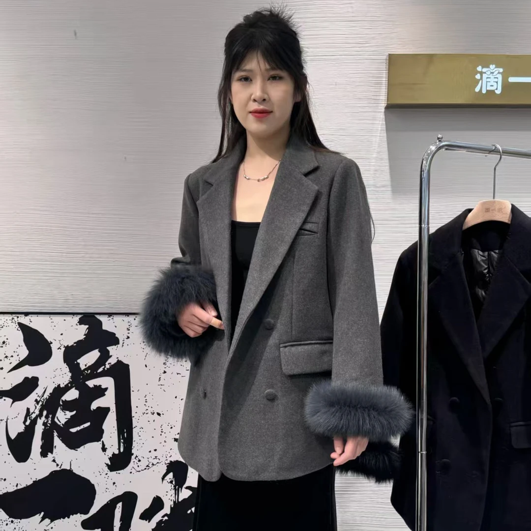 妮妮家6655高级感袖口毛毛拼接双排扣气质西装外套