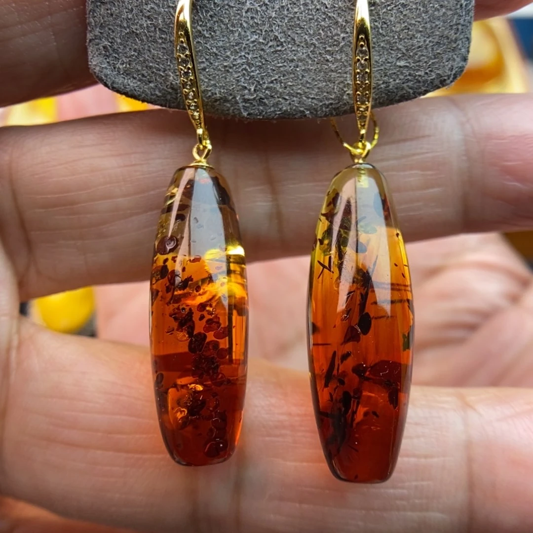 琥珀耳饰银S925镀金镶嵌