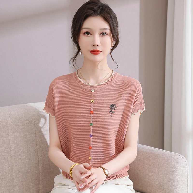 夏装新款中老年女装洋气上衣母亲节衣服妈妈装冰丝短袖针织T恤衫