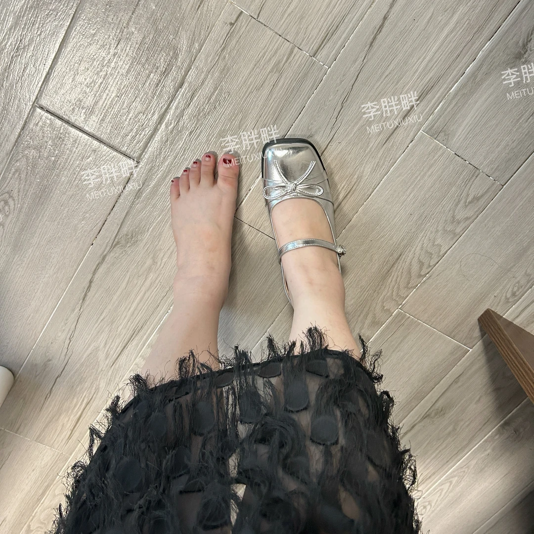 加宽版～银色蝴蝶结方头粗跟玛丽珍鞋女甜美百搭单鞋韩版时尚跟鞋