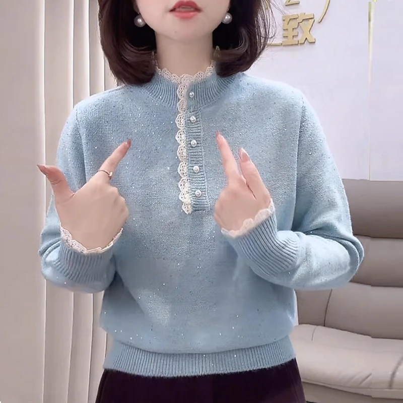 亮片蕾丝花边气质半高领毛衣秋冬新款洋气百搭针织衫女打底衫上衣