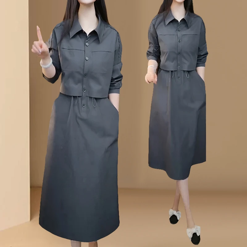 长袖高档工装风衣连衣裙女2026春秋新款减龄收腰假两件衬衫领裙子