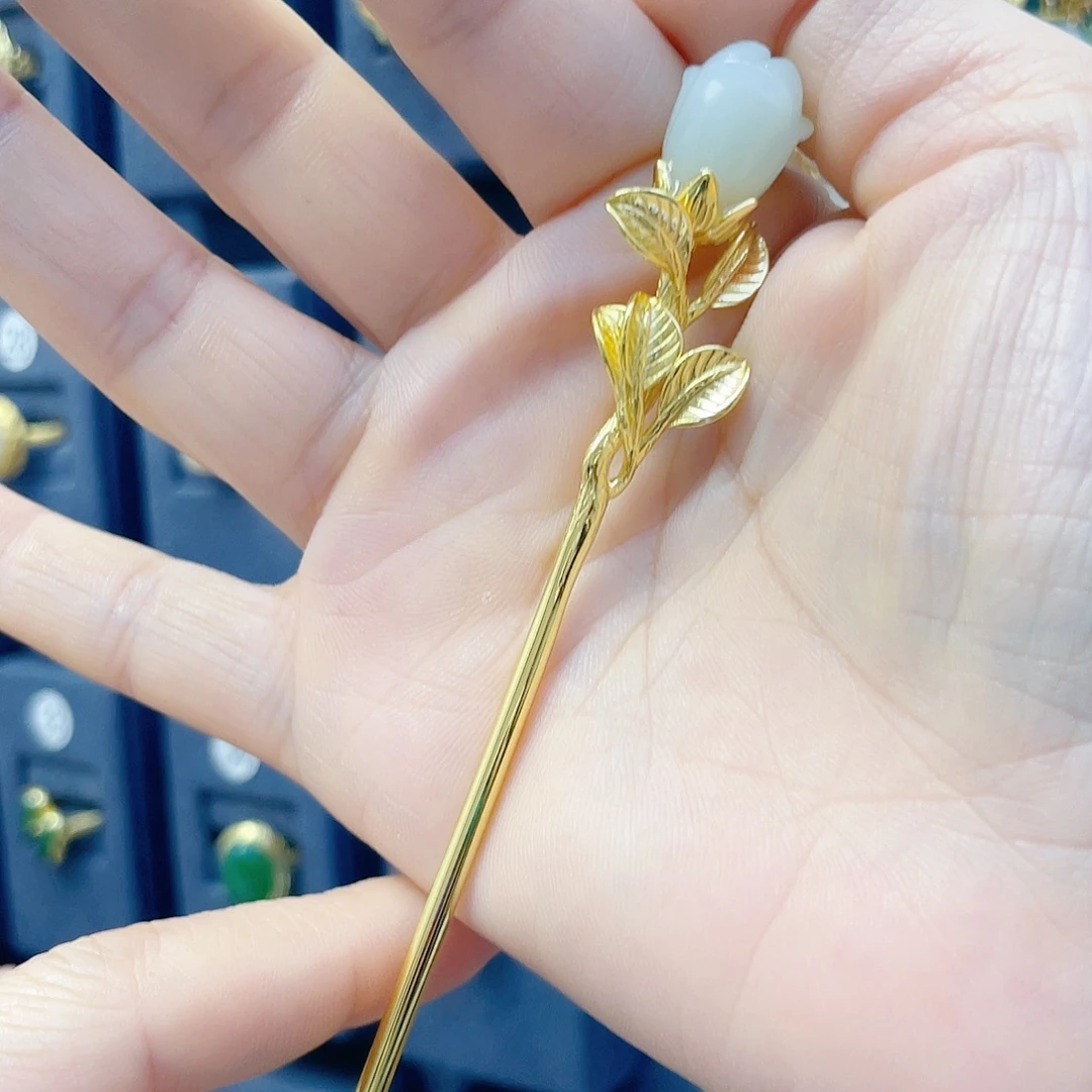 和田玉银S925镀金镶嵌发饰