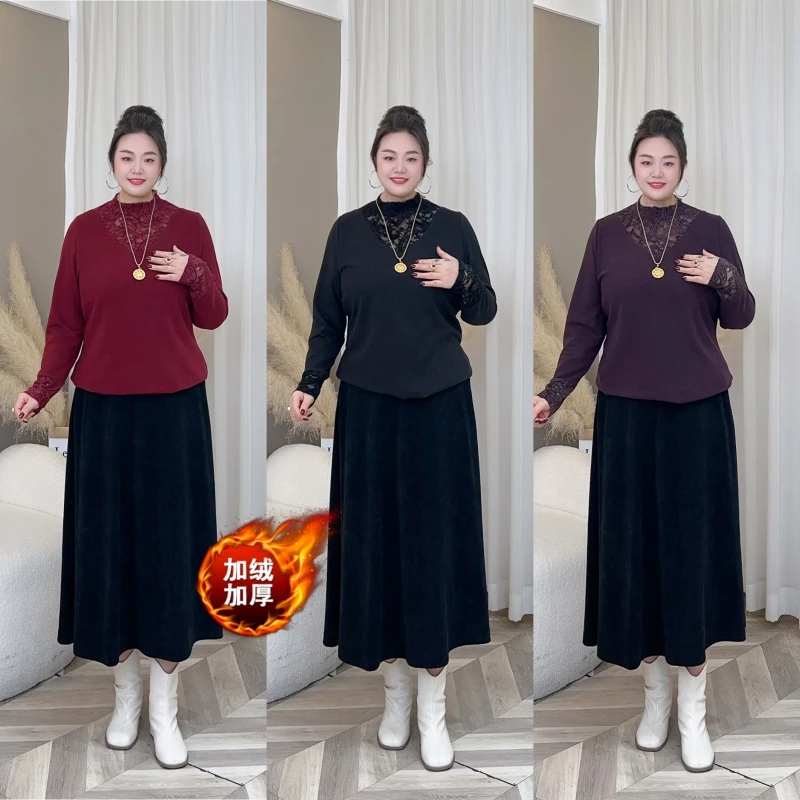 【现货加绒仅上衣】梅姐秋冬季气质时尚蕾丝拼接上衣大码女装MJ9534