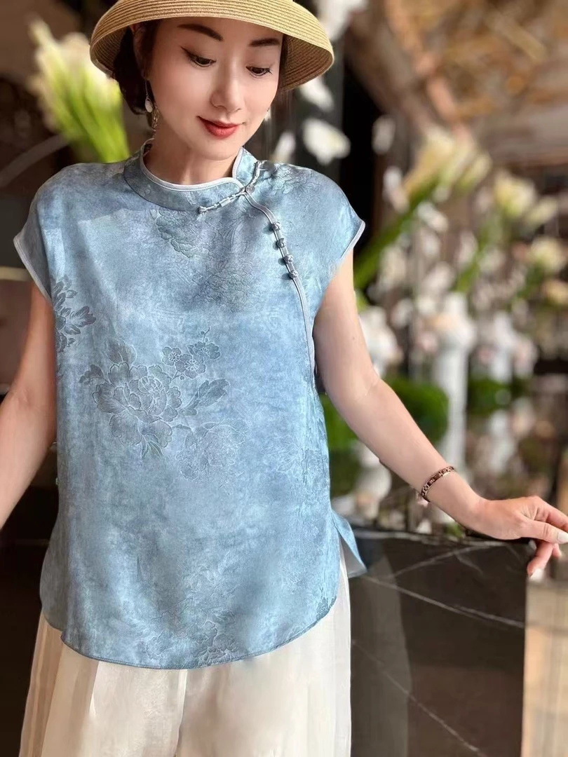 集合款盘扣提花上衣气质短袖时尚休闲潮流