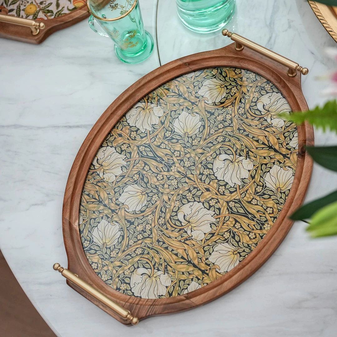 【奇居亭】铜把手实木玻璃托盘 花卉#25CFP566