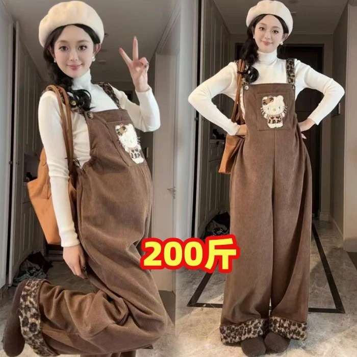 大码孕妇背带裤秋冬时尚洋气韩版猫咪吊带裤加绒加厚长裤潮200斤