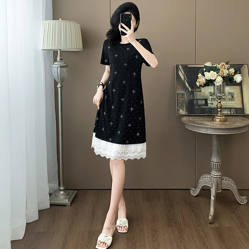 高端法式亮闪闪烫钻连衣裙女夏季洋气减龄宽松显瘦黑色T恤蕾丝裙