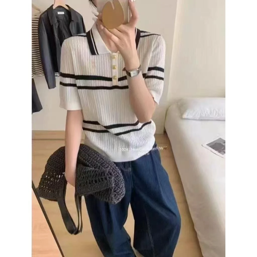 夏季时尚翻领短袖针织衫女简约百搭上衣装t恤薄款polo上衣薄款t恤