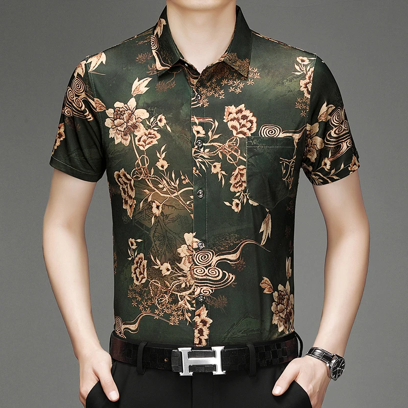 男士夏季新款短袖弹力花衬衫3611#
