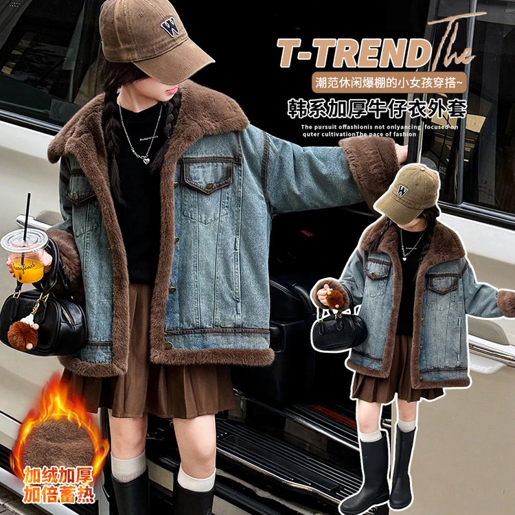 女童冬季牛仔外套3-13岁加绒喷色牛仔外套120-170码（价格已开）