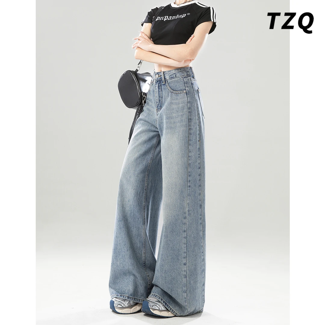 蓝色阔腿牛仔裤女2025秋季新款高腰显瘦垂感直筒拖地裤TZQ2521714