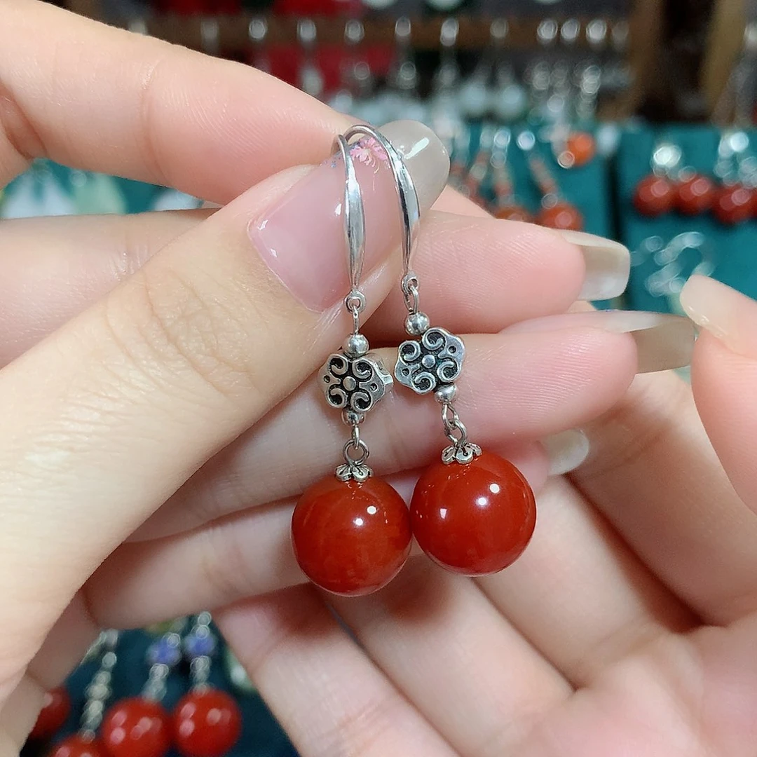 玛瑙/玉髓耳饰银S925镶嵌天然红玛瑙12mm左右（锦红）