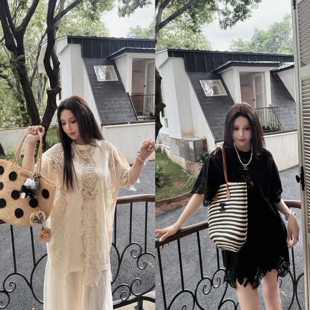 姗蔓深圳原版/869浮光纯色~蕾丝镂空宽松半袖T恤上衣