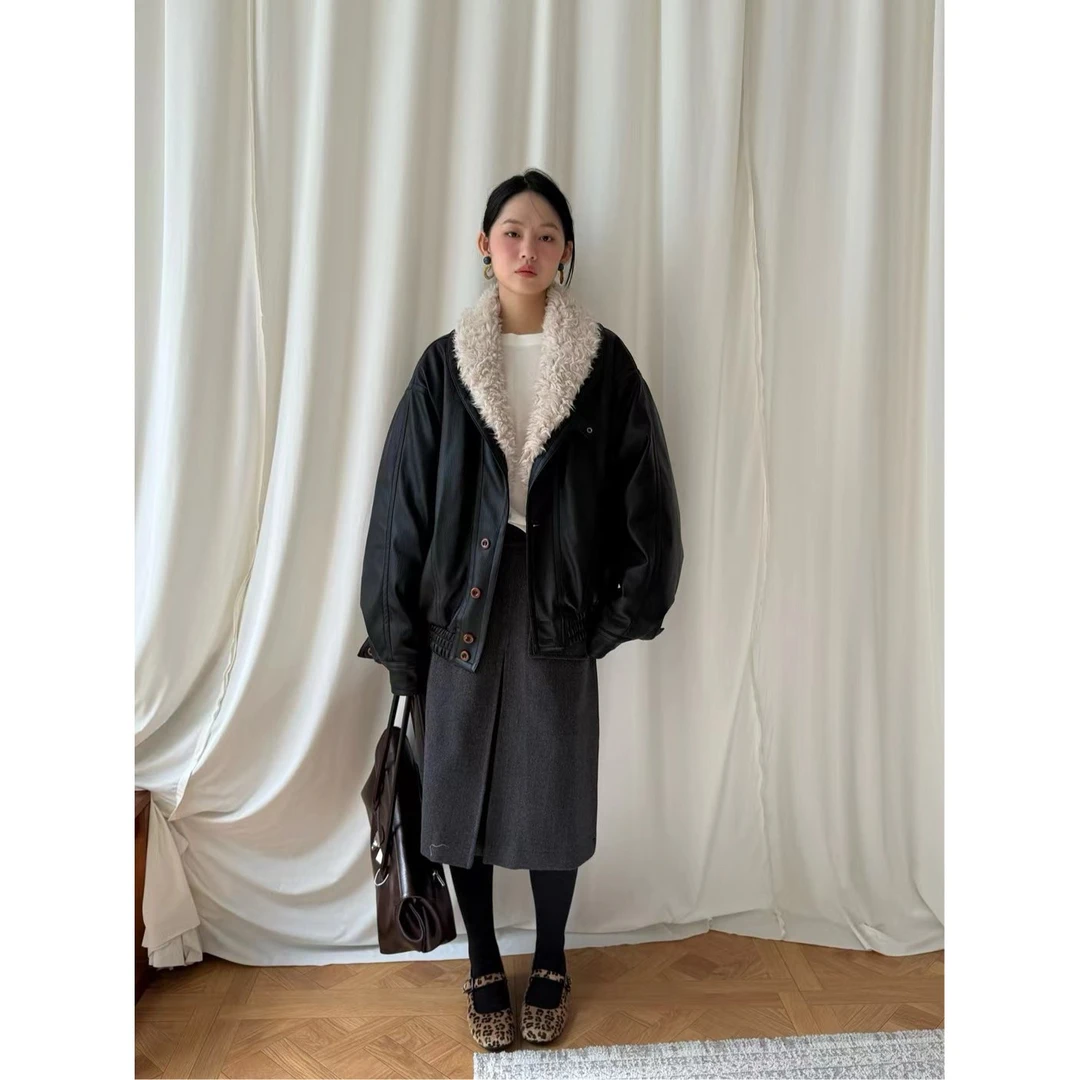 猫姐推荐｜宽松复古设计款廓形保暖羊羔毛领pu皮衣夹克棉服外套女