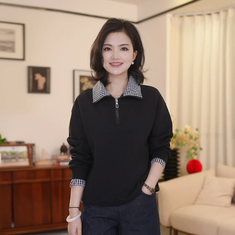 枫竺阿楠anan 百搭翻领半拉链假两件拼接格子套头卫衣女士上衣春