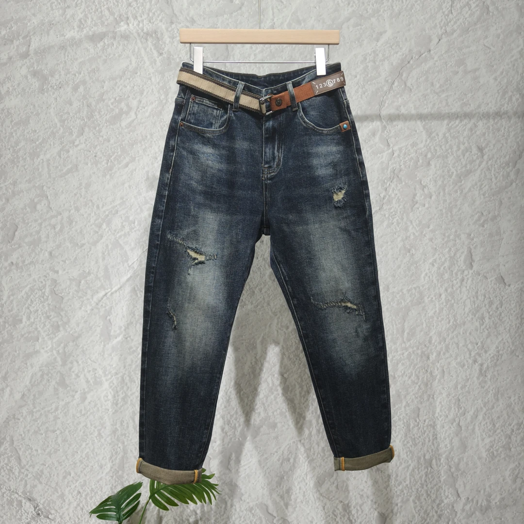 2025秋季爆款直筒秋冬男士破洞长裤中腰高弹力牛仔裤宽松复古男