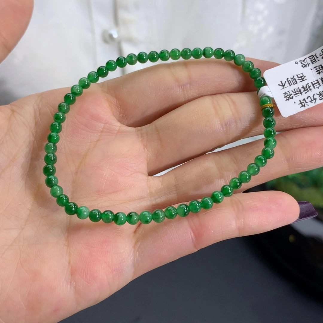 翡翠未镶嵌手串卡3.4冰胶辣绿小米手串