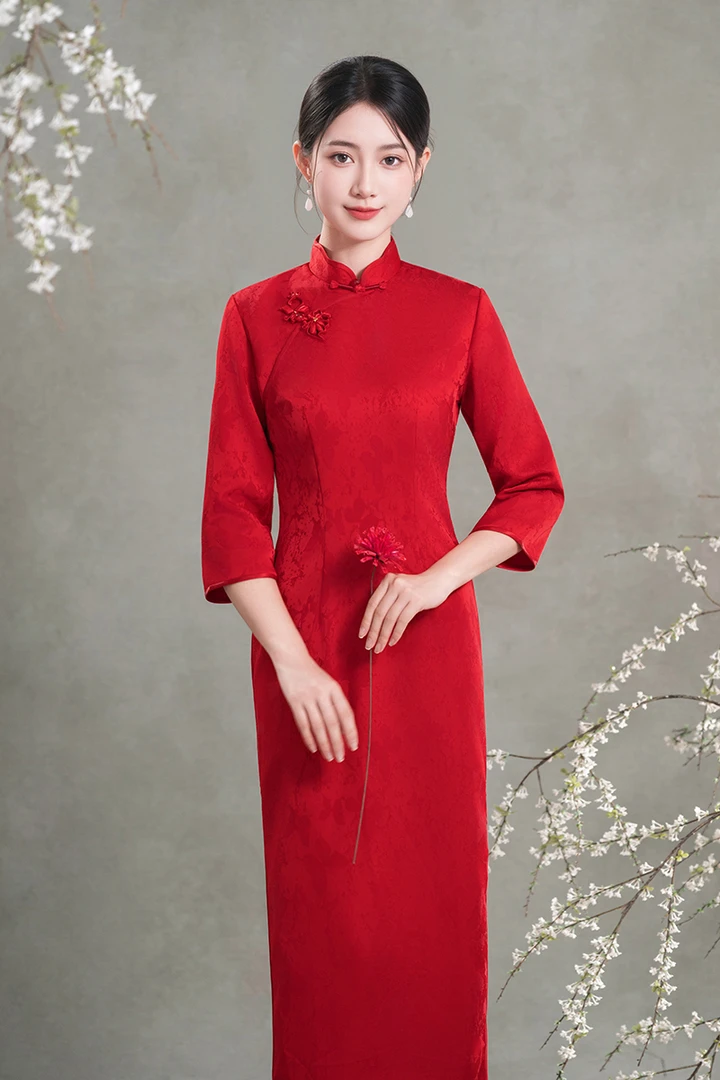 秋冬新款提花旗袍改良走秀礼服回娘家长款显瘦连衣裙气质妈妈款