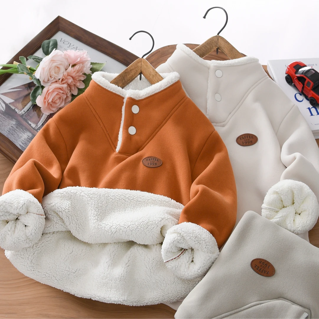 男童加绒卫衣冬季2025新款中大童加厚儿童装立领保暖长袖潮