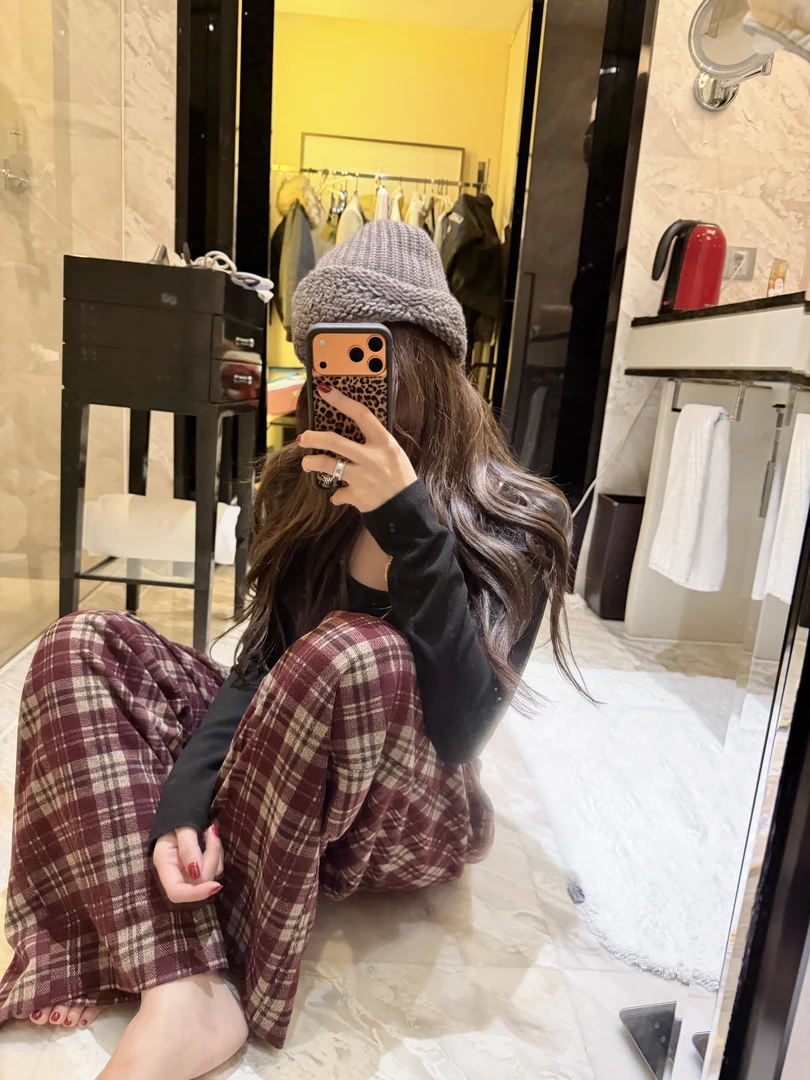 TTS【罗马画报】松紧腰直筒阔腿花格子时髦休闲裤