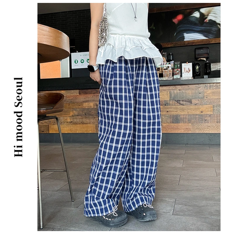【金恩慧欧尼Hi mood】韩系松紧腰复古休闲透气阔腿格子裤