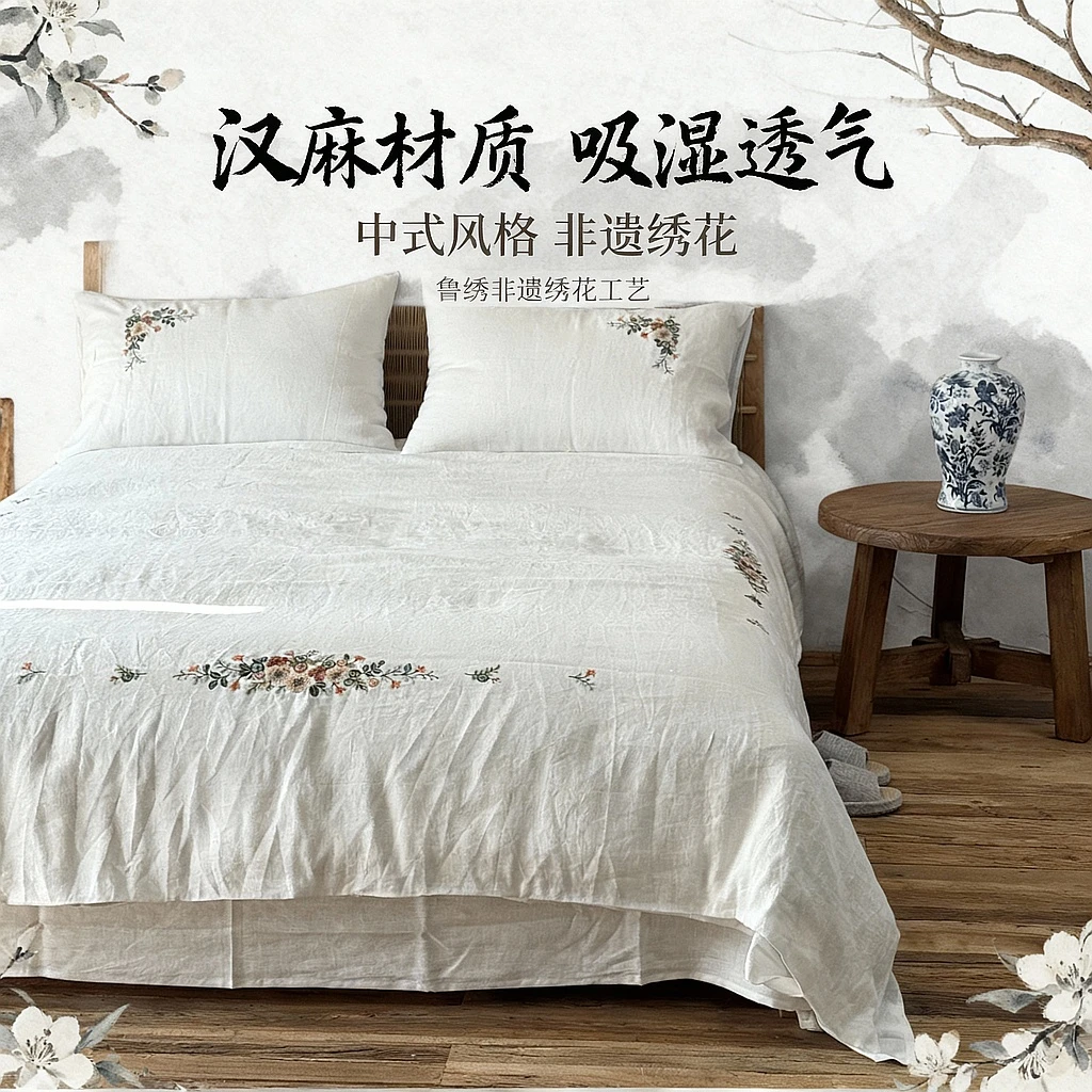 【踏雪寻梅】鲁绣汉麻四件套非遗绣花被套枕套床品套件吸湿透气中式