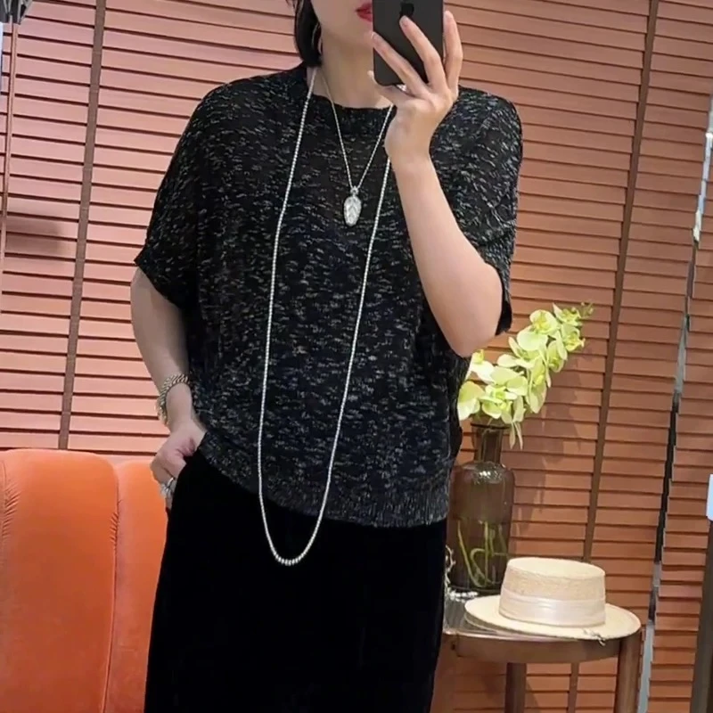 悦享服饰2025夏季新款圆领亚麻棉短袖花纱亮闪闪针织短袖T恤