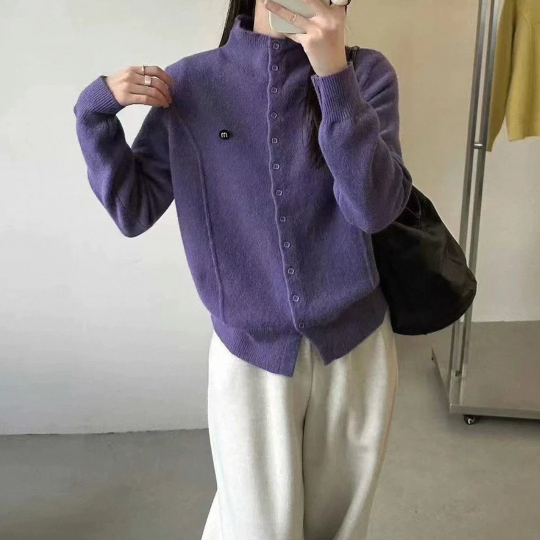 【岳姐姐】秋冬韩版立领针织纽扣开衫上衣女显瘦通勤百搭打底8178