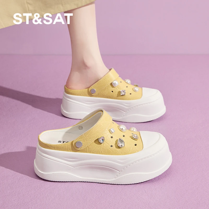 星期六真皮厚底两穿洞洞鞋女夏季新款透气外穿防滑半托懒人一脚蹬