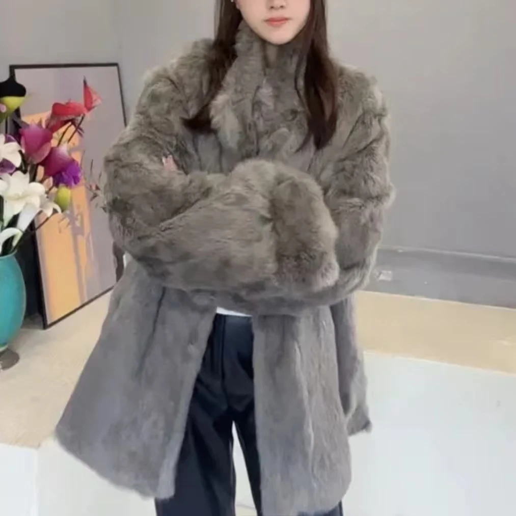兔毛皮毛一体软糯乖巧气质简约立领短外套秋冬设计师韩版宽松