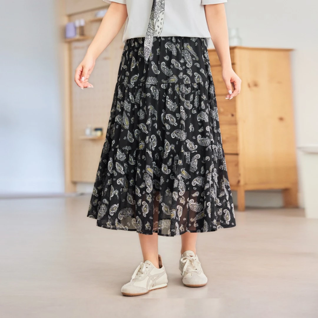 MsShe大码女装2025新款秋装雪纺松紧腰显瘦A字长款半身裙B2508045