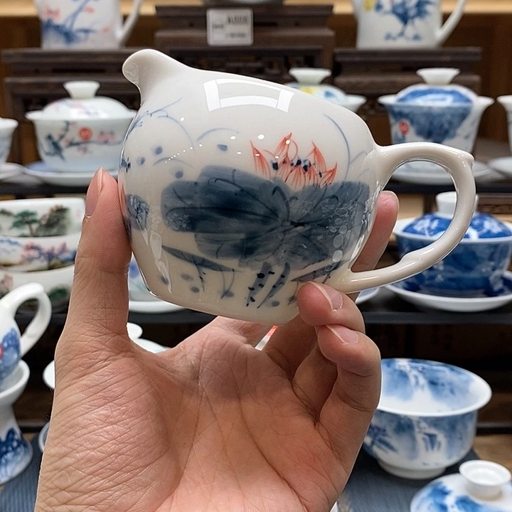 手绘荷花公道杯160cc 釉下彩微瑕福利款