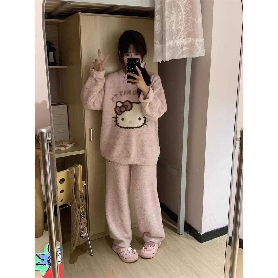 甜美少女卡通可爱粉Kitty猫半边绒睡衣女秋冬加绒加厚家居服套装