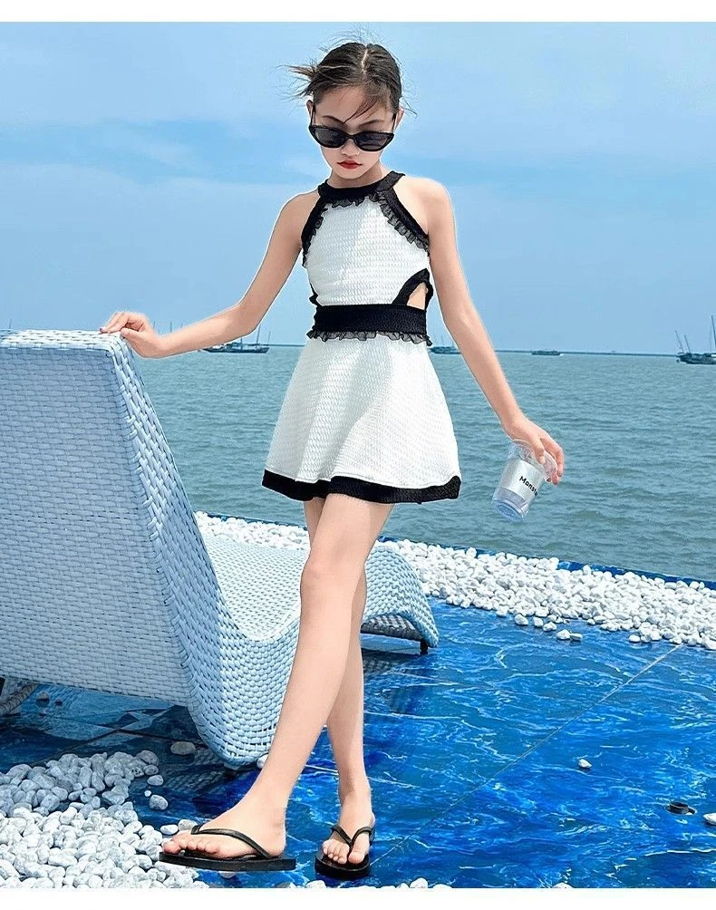 夏日时尚露背女童泳衣无袖连体泳衣女童涤纶泳装连体裙中大童泳衣