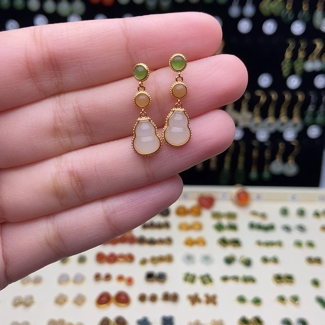 和田玉银S925镀金镶嵌耳饰