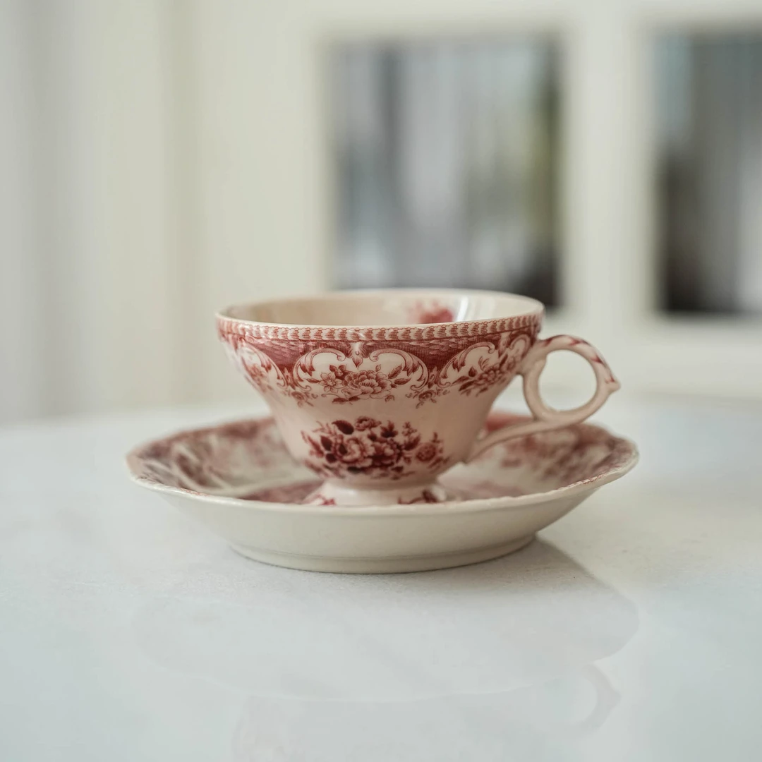 【奇居腾飞】西洋中古瓷器 粉色玫瑰咖啡杯碟#H0076
